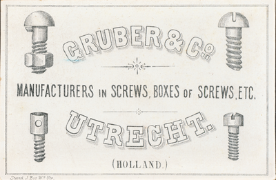 710688 Visitekaartje van Gruber & Co, Manufacturers in Screws, Boxes of Screws, Etc., [adres onbekend] te Utrecht. Met ...